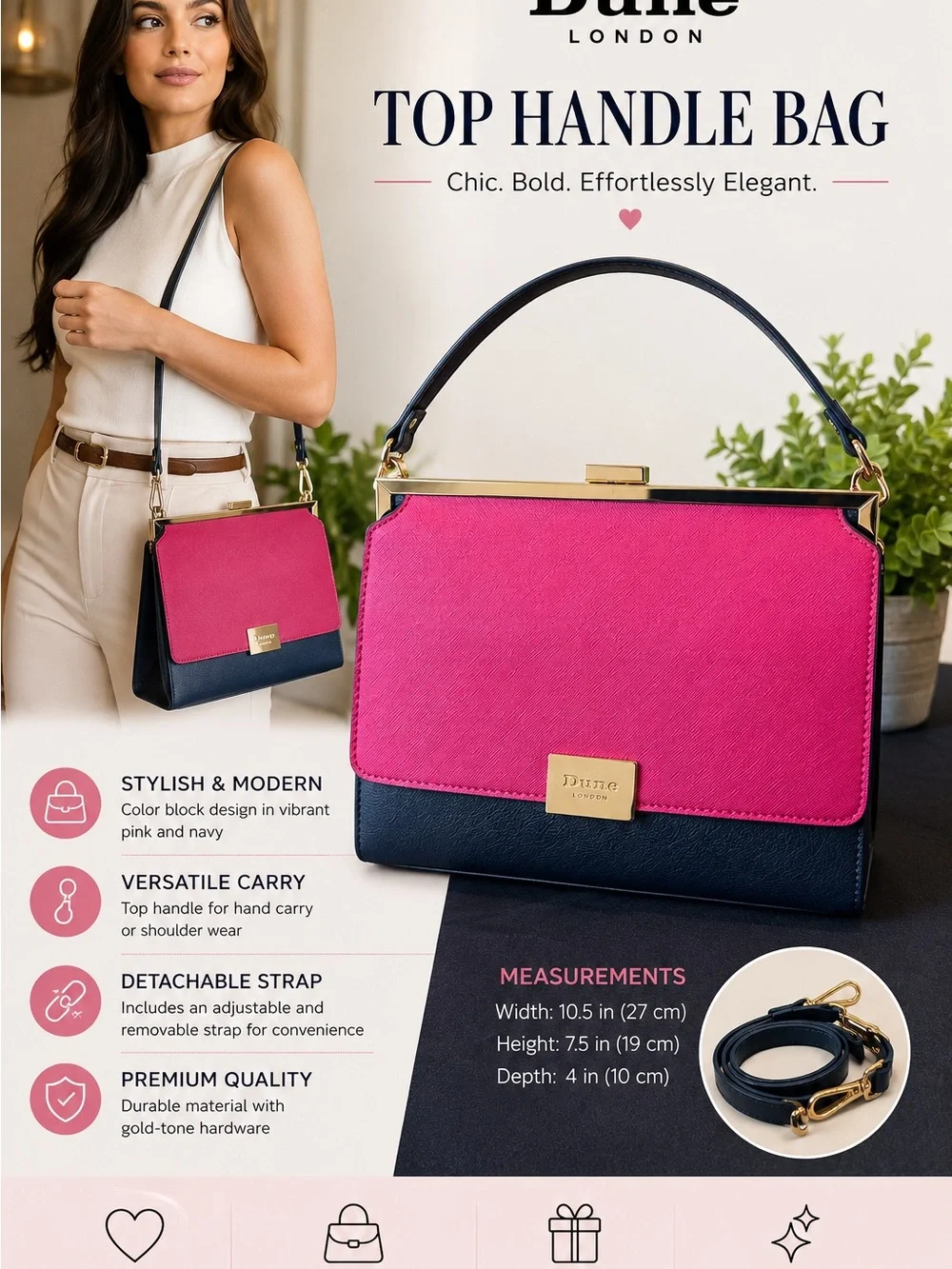 Dune London Pink and Navy Colorblock Top Handle Satchel